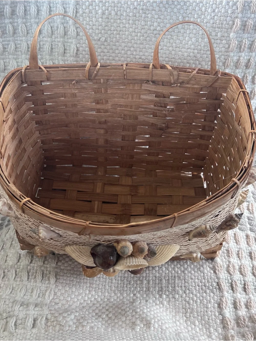Handcrafted Seashell Accent Woven Straw Basket - Tan